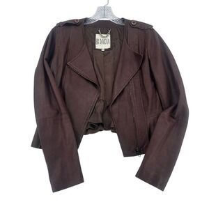 BB Dakota Brown Cropped Leather Moto Jacket Peplum Hem S